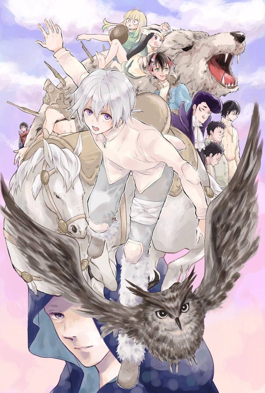 3girls 6+boys ascot bandaged_leg bandages barefoot bear bird black_hair blonde_hair blue_jacket bonchien_nicoli_la_tasty_peach_uralis character_request child cloak colored_tips dress facial_hair facial_mark fumetsu_no_anata_e fushi green_eyes green_hair grey_hair grey_pants gugu_(fumetsu_no_anata_e) hairo_rich headscarf headband helmet highres hood hood_up horse iddy_(fumetsu_no_anata_e) imasaranochiyo injury jacket jar kahaku_(fumetsu_no_anata_e) kai_renald_rawle kansatsusha looking_at_viewer looking_to_the_side march_(fumetsu_no_anata_e) messar_robin_bastar multicolored_hair multiple_boys multiple_girls one_eye_closed one_eye_covered oniguma_(fumetsu_no_anata_e) outstretched_arm owl pants pompadour profile purple_cloak purple_eyes purple_hair riding scar scar_on_face shirt shoes sky smile soles stubble sweater tonari_dalton topless_male turtleneck turtleneck_sweater white_ascot