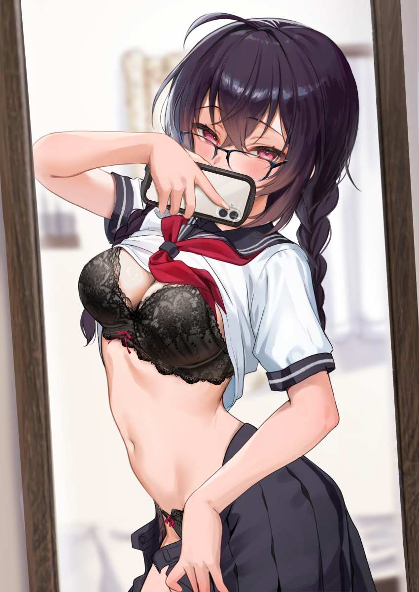1girl absurdres ahoge black-framed_eyewear black_bra black_hair black_sailor_collar blush bra braid breasts cellphone cleavage glasses highres holding holding_phone lace lace-trimmed_bra lace_trim looking_at_viewer medium_breasts megane-chan_(yufou) mirror mirror_selfie navel neckerchief open_clothes open_skirt original panties phone phone_over_face pink_eyes red_neckerchief reflection reflection_focus sailor_collar school_uniform selfie serafuku skirt smartphone taking_picture twin_braids underwear yufou