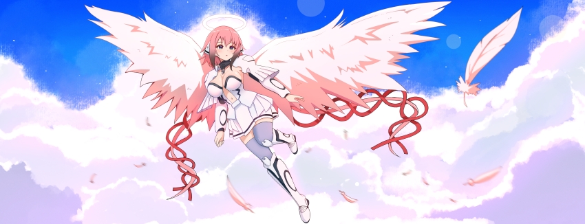 1girl :o absurdres angel angel_wings blue_thighhighs blush boots breasts center_opening chain chain_leash cleavage cloud cloudy_sky collar collarbone commentary day detached_sleeves english_commentary feathered_wings feathers flying frontless_outfit full_body green_eyes halo highres ikaros knee_boots large_breasts leash lens_flare long_hair maikurorensu metal_collar navel neck_ribbon outdoors pink_hair pink_wings red_ribbon ribbon robot_ears shirt skirt sky solo sora_no_otoshimono thighhighs traditional_halo very_long_hair white_boots white_shirt white_skirt wide_sleeves wings zettai_ryouiki