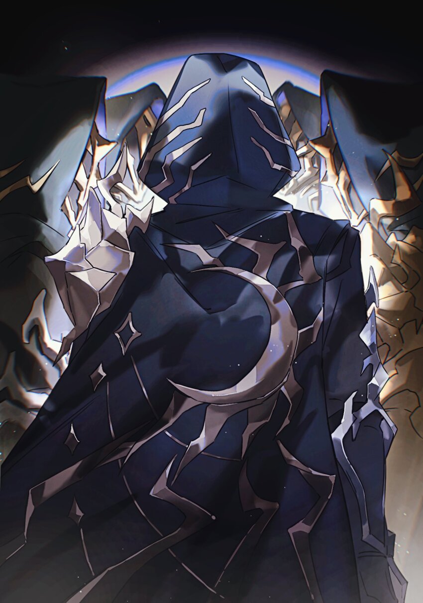 1boy arm_guards armor black_cloak cloak clone commentary_request crescent dark flame_reaver_of_the_deepest_dark from_behind glowing gold_trim highres honkai:_star_rail honkai_(series) hood hood_up hooded_cloak light_particles male_focus moon_print multiple_views osamu18568716 pauldrons phainon_(honkai:_star_rail) shoulder_armor single_pauldron spoilers standing