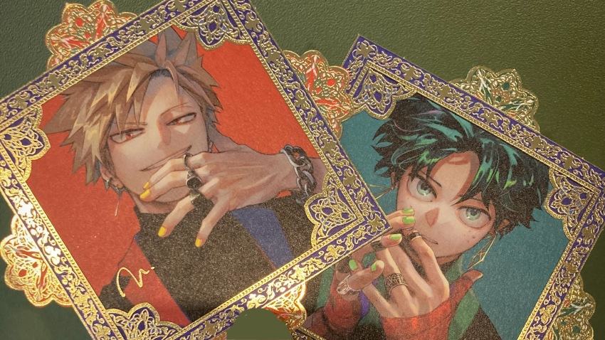 2boys bakugou_katsuki black_shirt blonde_hair boku_no_hero_academia border earrings fake_photograph freckles green_hair green_nails highres jewelry looking_at_viewer male_focus midoriya_izuku multiple_boys ornate_border red_eyes ring shirt short_hair unou_(unou_mha) yellow_nails