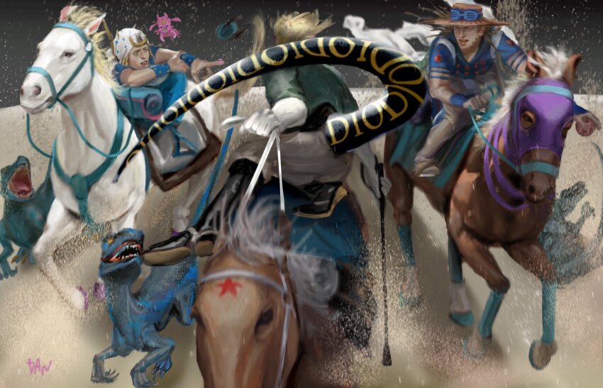 3boys artist_name ball beanie beard blonde_hair blue_eyes danart14020 diego_brando dinosaur dinosaur_tail facial_hair goggles goggles_on_headwear gyro_zeppeli hat highres holding holding_ball holding_riding_crop holding_whip horse horseback_riding horseshoe_ornament johnny_joestar jojo_no_kimyou_na_bouken long_hair looking_at_another male_focus multiple_boys muscular pants realistic riding riding_crop scary_monsters_(stand) shirt silver_bullet_(jojo) slow_dancer_(jojo) stand_(jojo) star_(symbol) star_print steel_ball_(jojo) steel_ball_run sweater tail tusk_(stand) tusk_act1 valkyrie_(jojo) wristband