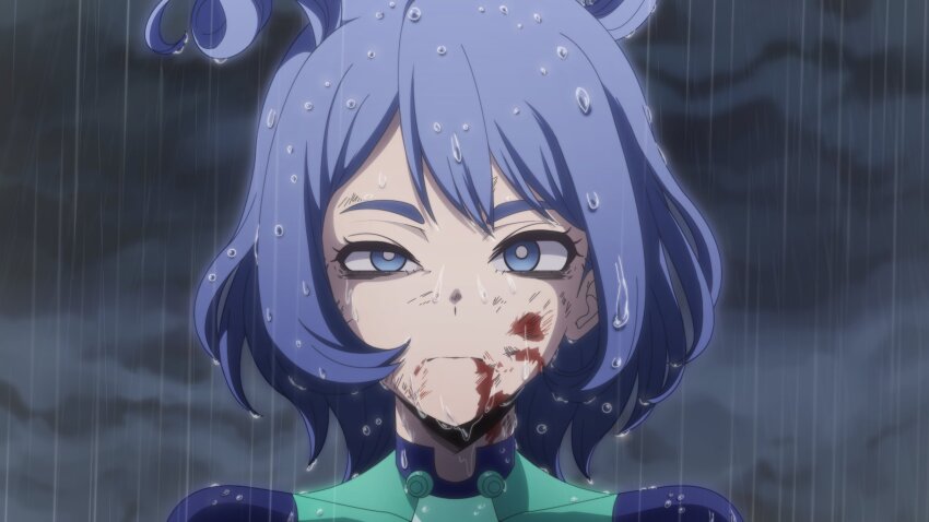 1girl absurdres blood blood_on_face blue_eyes blue_hair bodysuit boku_no_hero_academia chainsaw_man closed_mouth green_bodysuit hado_nejire highres kyochakocchis night official_alternate_hair_length official_alternate_hairstyle outdoors rain reze&#039;s_eye_twitch_(chainsaw_man) scene_reference solo superhero_costume wet wet_hair