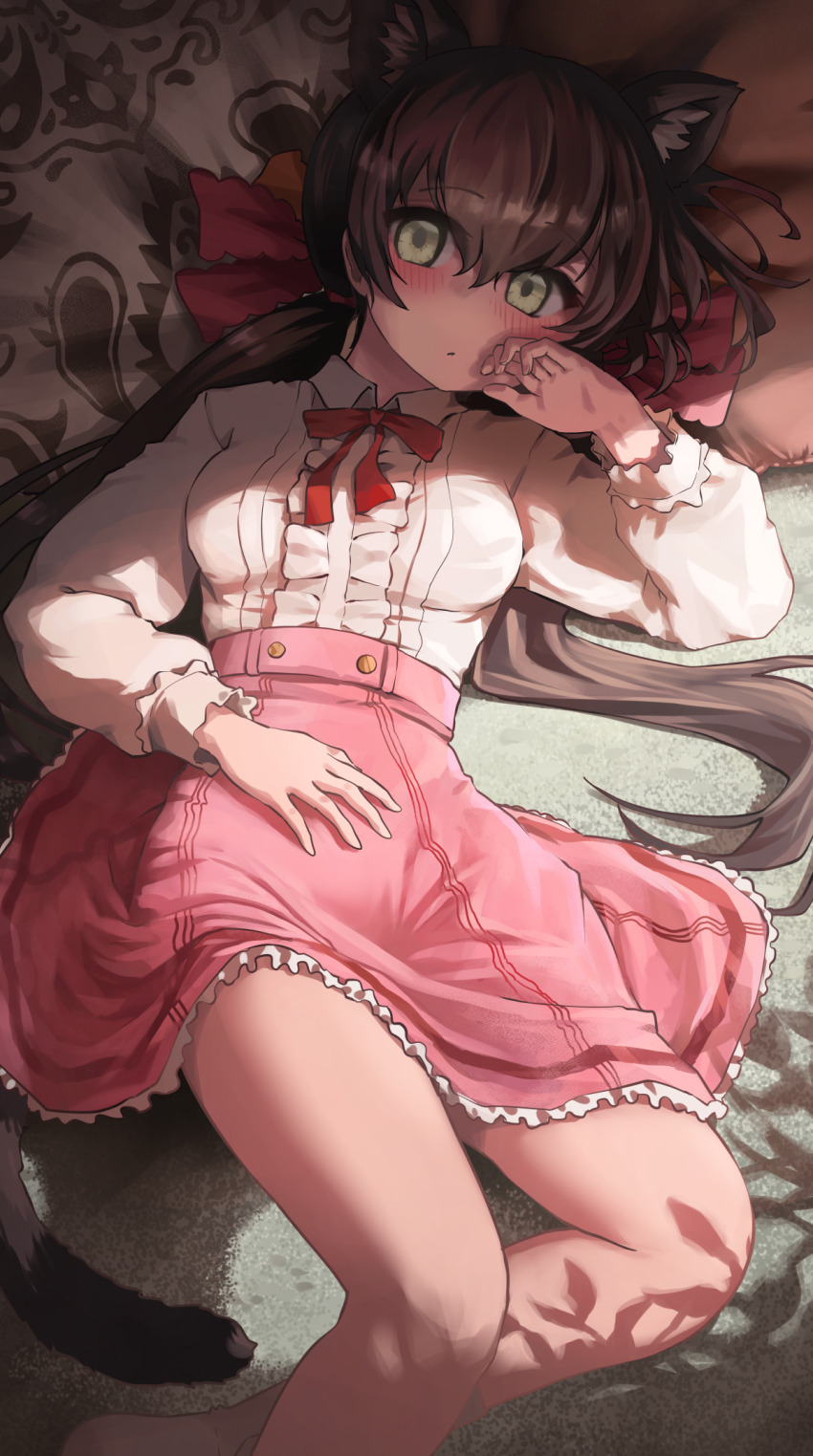 1girl animal_ears black_hair black_leopard_(kemono_friends) blush bow bowtie breasts center_frills collared_shirt extra_ears frilled_skirt frills green_eyes hair_bow highres kemono_friends kemono_friends_3 long_hair long_sleeves looking_at_viewer lying medium_breasts melaton meme_attire official_alternate_costume on_back pink_skirt red_bow red_bowtie shirt shirt_tucked_in skirt socks solo tail twintails virgin_killer_outfit white_shirt