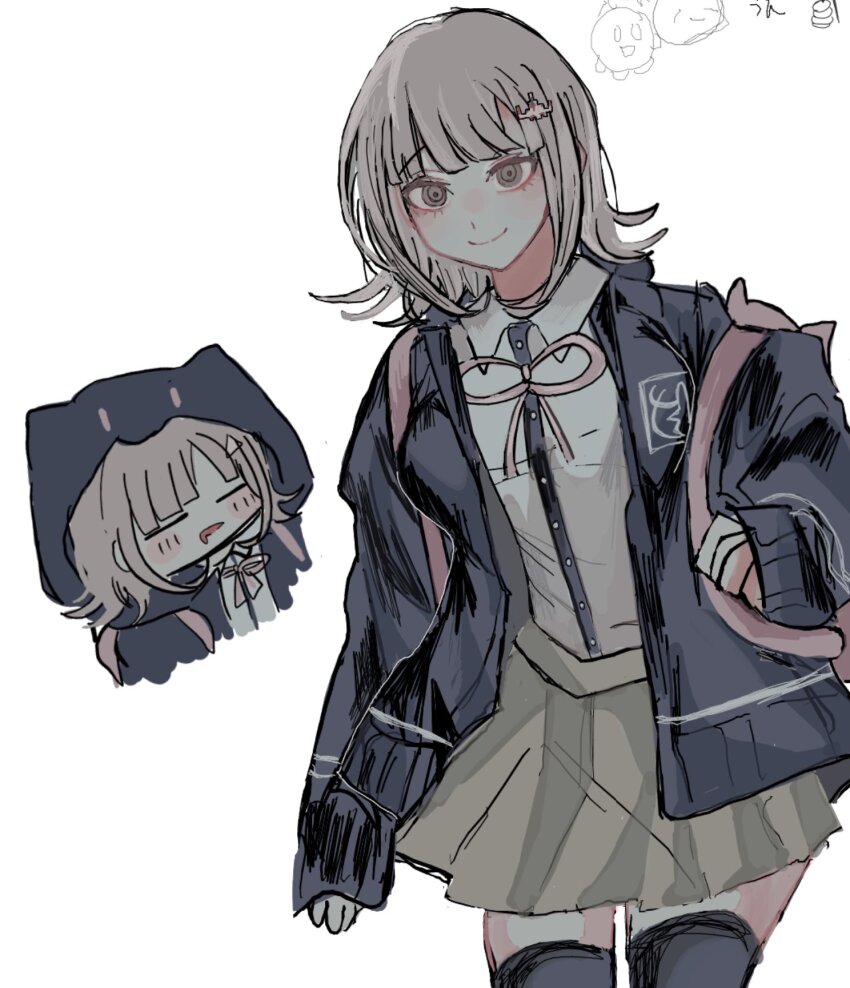 1girl animal_bag animal_hood backpack bag black_jacket black_thighhighs blush breasts brown_eyes brown_skirt cat_bag cat_hood chibi chibi_inset closed_eyes collared_shirt danganronpa_(series) danganronpa_2:_goodbye_despair dress_shirt drooling egao_(nsazrs) flipped_hair galaga highres hood hood_up hooded_jacket jacket large_breasts long_sleeves looking_at_viewer medium_hair mouth_drool nanami_chiaki neck_ribbon open_mouth over-kneehighs pink_hair pink_ribbon pleated_skirt ribbon shirt shirt_tucked_in simple_background skirt sleeping smile solo spaceship_hair_ornament thighhighs white_background white_shirt