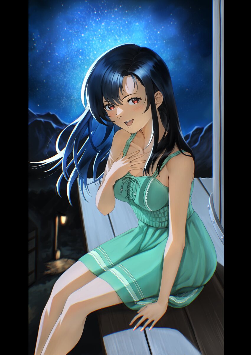 1girl aged_down aqua_dress arm_support bare_shoulders black_hair blurry blurry_background blush breasts collarbone dress feet_out_of_frame final_fantasy final_fantasy_vii final_fantasy_vii_remake hand_on_own_chest highres long_hair looking_at_viewer medium_breasts mixed-language_commentary mountainous_horizon nibelheim night night_sky open_mouth outdoors pov red_eyes sitting sky smile solo star_(sky) starry_sky sundress tifa_lockhart water_tank water_tower zupakyo