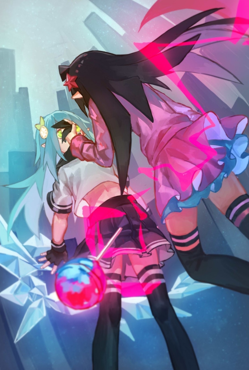 2girls ahoge aotu_world aqua_hair black_gloves black_hair black_neckerchief black_skirt black_thighhighs blue_hair blue_skirt candy chinese_commentary city clothes_grab crop_top cryokinesis fighting fingerless_gloves food food-themed_hair_ornament frills from_behind gloves green_eyes hair_ornament highres ice kaili_(aotu_world) layered_skirt lemon_(aotu_world) lemon_hair_ornament lollipop long_hair long_sleeves looking_at_another magic midriff multiple_girls navel neckerchief neckerchief_grab neckwear_grab pink_shirt pink_skirt pleated_skirt school_uniform serafuku shirt short_sleeves skirt standing star_(symbol) star_hair_ornament striped_clothes striped_thighhighs thighhighs very_long_hair voidabysss white_shirt zettai_ryouiki