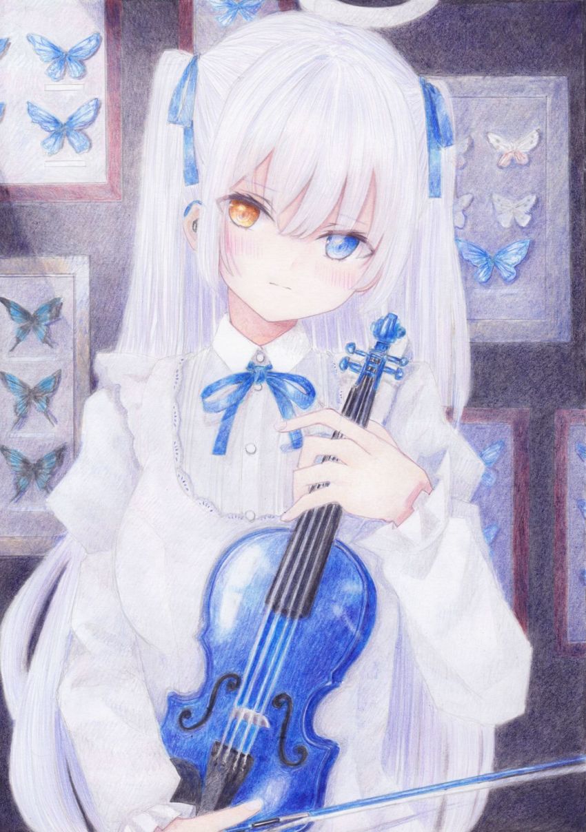 1girl apron blush colored_pencil_(medium) darkkanan deaf disability dress earphones eyes_visible_through_hair hair_between_eyes hair_ribbon halo hearing_aid heterochromia highres instrument long_hair looking_at_viewer original pinafore_dress ribbon sidelocks sleeveless sleeveless_dress solo standing traditional_media twintails upper_body violin white_dress white_hair