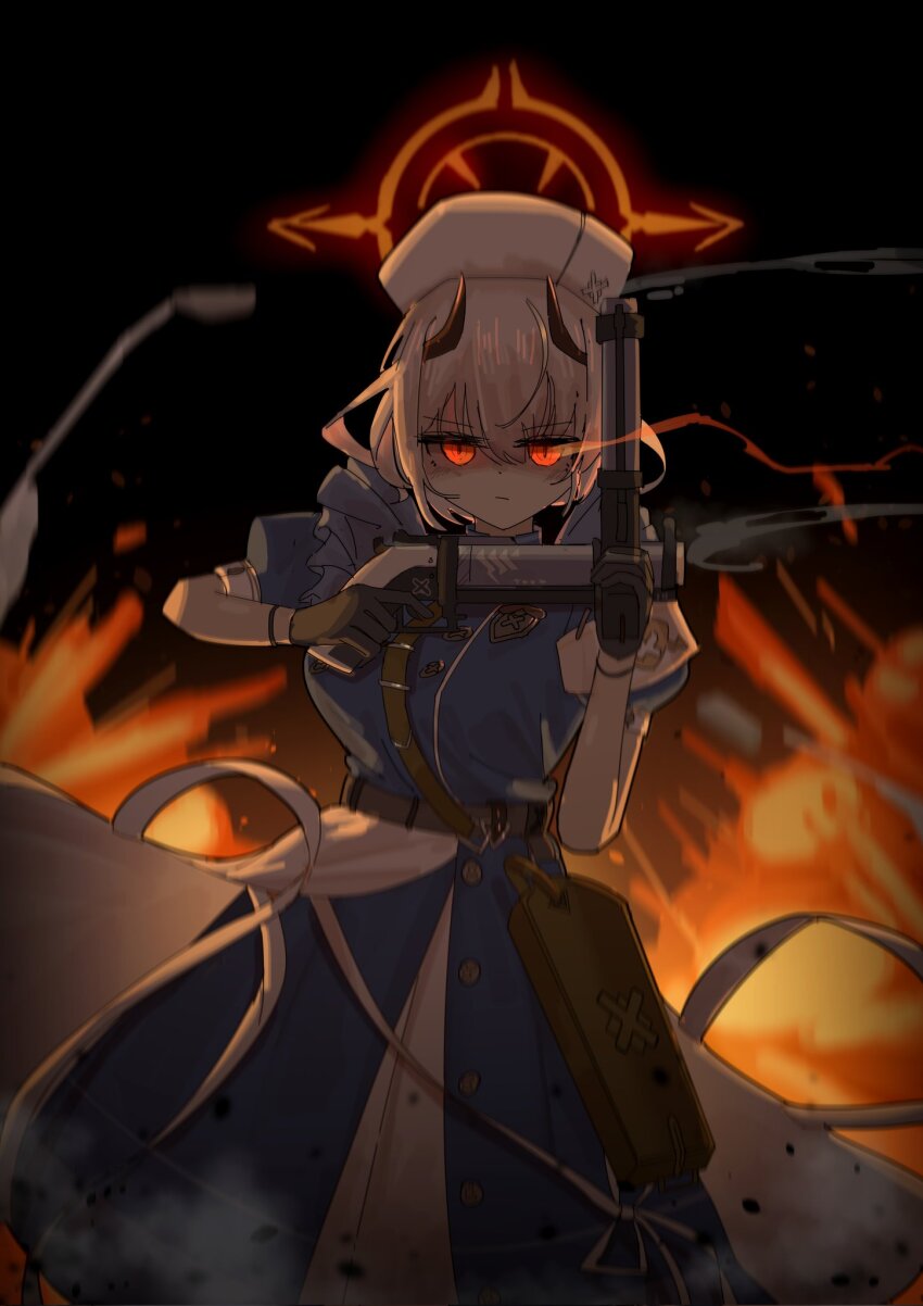 1girl apron badge bag belt belt_around_waist black_background black_belt black_horns blue_archive blue_dress brown_belt buttons commission dress fiery_background fire frilled_sleeves frills gloves glowing glowing_eye gradient_background grenade_launcher gun hair_between_eyes halo hat highres holding holding_gun holding_weapon horns light_particles looking_at_viewer m79 maid_apron messenger_bag nurse_cap puffy_short_sleeves puffy_sleeves red_eyes red_halo ribbon sena_(blue_archive) short_hair short_sleeves shoulder_bag smoke smoke_trail solo standing waist_apron weapon white_hair white_ribbon wristband xun_lin_(pixiv_93392103)