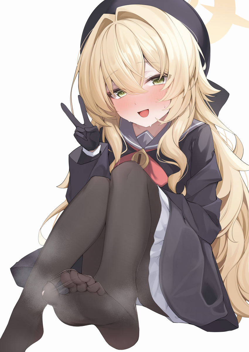 1girl :d absurdres beret black_pantyhose blonde_hair blue_archive blush feet gloves hat highres long_hair looking_at_viewer open_mouth pantyhose professor_niyaniya_(blue_archive) sailor_collar simple_background sitting smile solo steaming_body toes v wendao white_background yellow_eyes