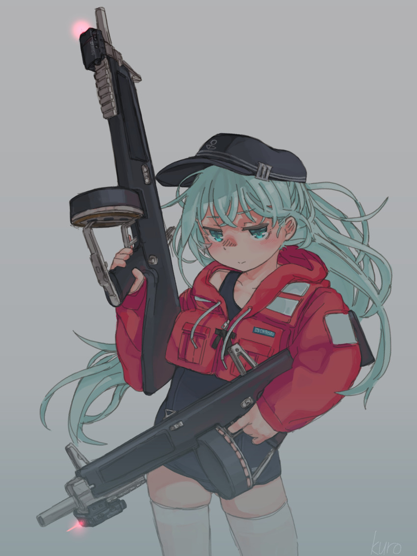 1girl aa-12 alternate_costume ammunition automatic_shotgun blue_eyes blue_hair collarbone combat_shotgun commentary_request contrapposto cropped_jacket drum_magazine dual_wielding floating_hair furrowed_brow grey_background gun half-closed_eyes hand_up hibiki_(kancolle) high-capacity_magazine highres holding holding_gun holding_weapon hood hood_down hooded_jacket jacket kantai_collection kuro4221 laser_sight life_vest light_blue_hair light_smile long_hair long_sleeves looking_at_viewer magazine_(weapon) old_school_swimsuit red_jacket school_swimsuit shotgun shotgun_shell solo swimsuit swimsuit_under_clothes thighhighs trigger_discipline weapon white_thighhighs