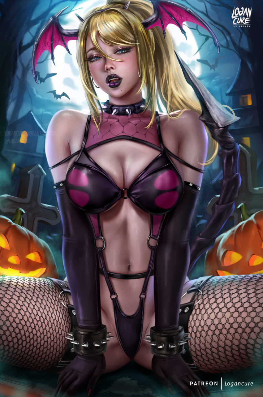 1girl absurdres bat_(animal) black_gloves black_lips blonde_hair blue_eyes breasts collar demon_girl earrings elbow_gloves fishnet_thighhighs fishnets full_moon gloves halloween head_wings highres hoop_earrings horns jack-o&#039;-lantern jewelry large_breasts leotard logan_cure long_hair looking_at_viewer metroid mole mole_under_mouth moon navel nintendo o-ring_leotard open_mouth ponytail samus_aran sitting solo spiked_collar spikes tail thighhighs tombstone wings