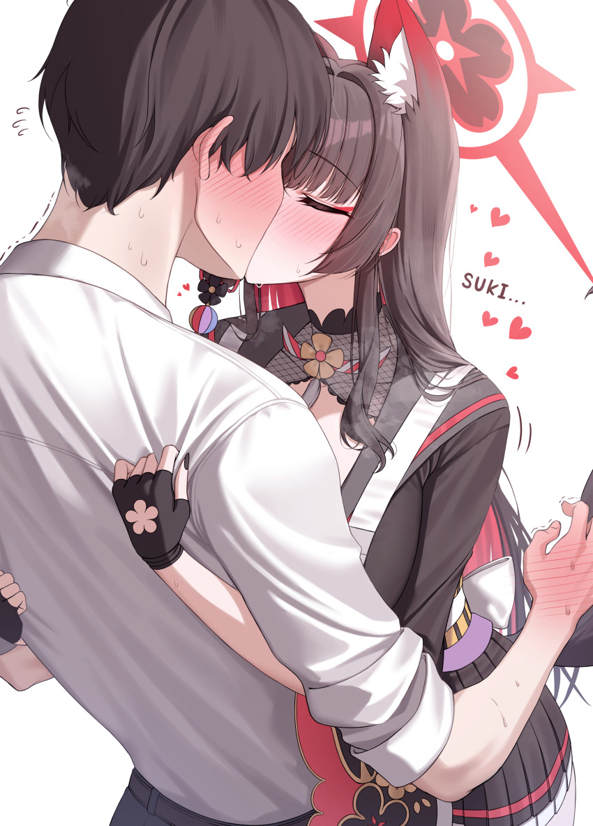 1boy 1girl absurdres animal_ear_fluff animal_ears black_gloves black_hair black_kimono black_nails black_skirt blue_archive blue_pants blush closed_eyes colored_inner_hair commentary_request fingerless_gloves fox_ears fox_girl fox_tail gloves gyu_chul hand_blush heart highres hug japanese_clothes kimono kiss korean_commentary long_hair multicolored_hair pants shirt short_hair sidelocks skirt sleeves_rolled_up sweat tail two-tone_hair wakamo_(blue_archive) white_shirt