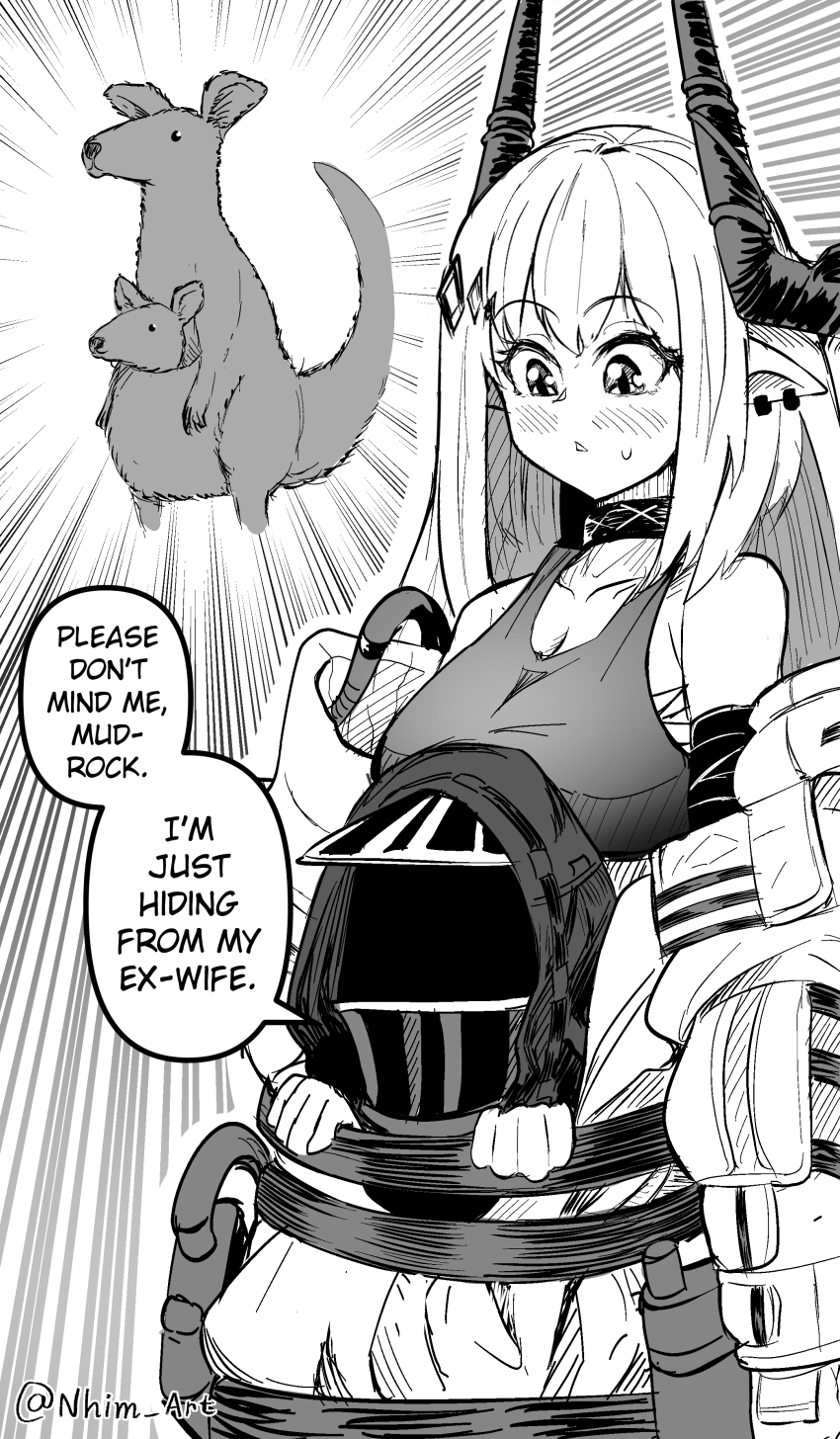 1girl 1other absurdres arknights bandages bare_shoulders breasts chest_sarashi commentary doctor_(arknights) emphasis_lines english_text greyscale highres hood horns kangaroo large_breasts long_hair monochrome mudrock_(arknights) mudrock_(elite_ii)_(arknights) nhim off_shoulder pointy_ears sarashi speech_bubble upper_body very_long_hair