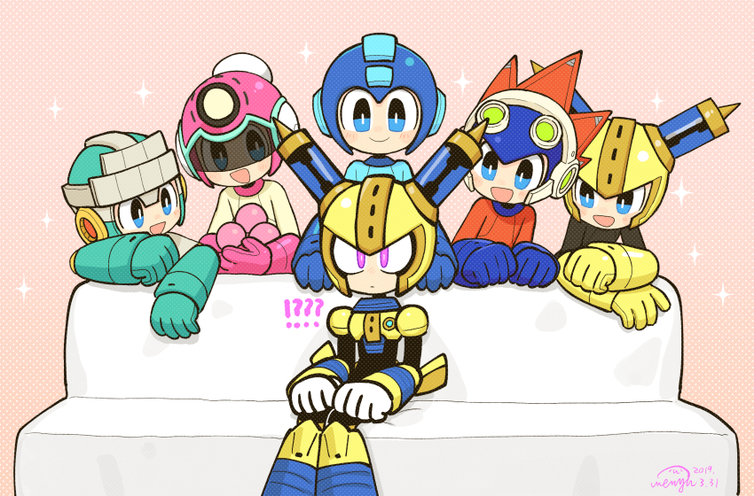 ! !??? 6+boys ? ??? android armor behind_another black_bodysuit black_hair blast_man block_man blocks blue_armor blue_eyes blue_hoodie blush bodysuit bounce_man closed_mouth commentary_request couch feet_out_of_frame fuse fuse_man gloves helmet highres hood hoodie joints looking_at_another male_focus mega_man_(character) mega_man_(classic) mega_man_(series) mega_man_11 meme multiple_boys multiple_persona on_couch open_mouth pink_armor piper_perri_surrounded_(meme) purple_eyes robot robot_ears robot_joints short_hair shorts simple_background sitting smile visor_(armor) wenyu white_background white_gloves yellow_armor yellow_headwear