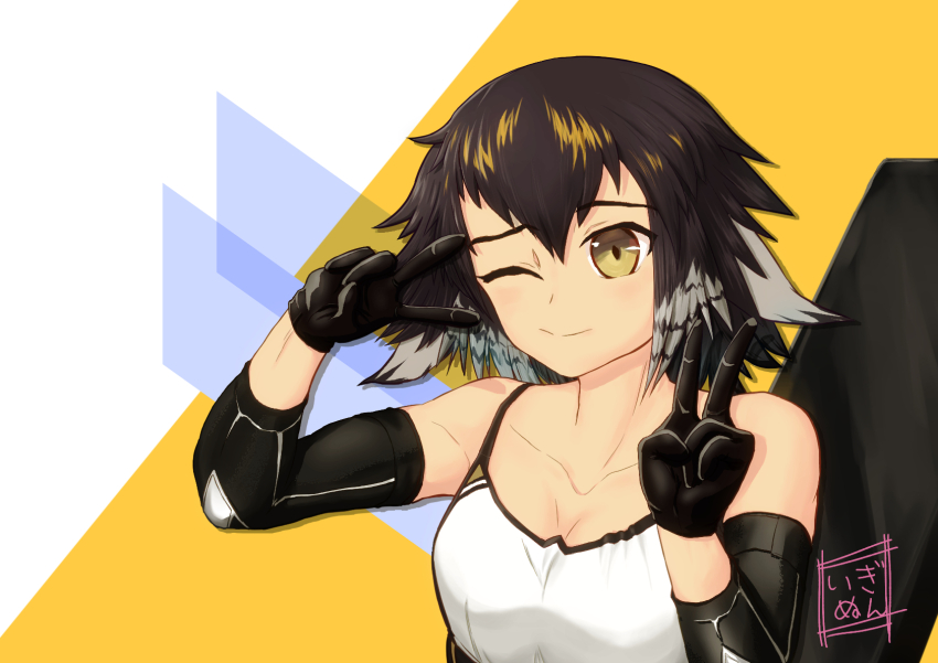 1girl ;) arknights artist_name bare_shoulders black_gloves black_hair commentary_request double_v gin&#039;inu gloves hands_up highres looking_at_viewer official_alternate_costume one_eye_closed plume_(arknights) plume_(easy_time)_(arknights) short_hair smile solo spaghetti_strap sports_bra upper_body v yellow_eyes