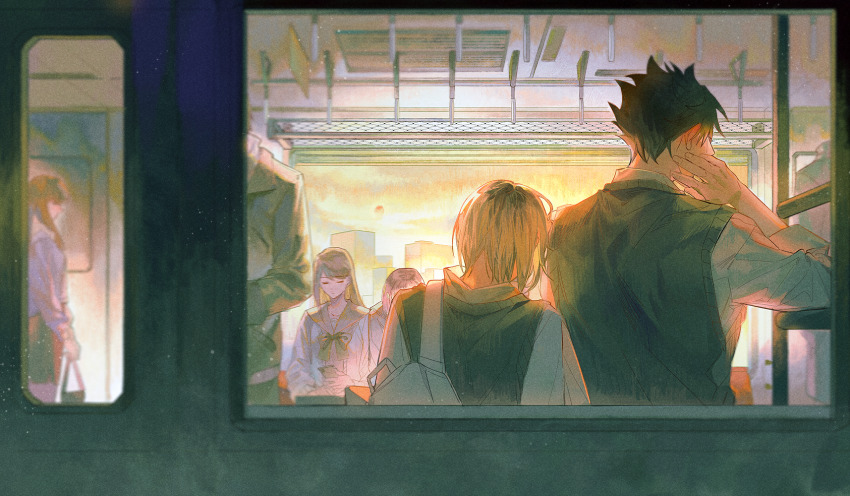 2boys 6+others black_hair black_jacket blonde_hair brown_hair facing_away from_behind haikyuu!! highres indoors jacket kozume_kenma kuroo_tetsurou long_hair long_sleeves multiple_boys multiple_girls multiple_others sailor_collar school_uniform shirt short_hair spiked_hair train_interior upper_body vest white_hair white_shirt window yaoi yinzinmiemie