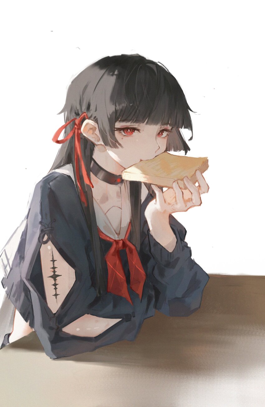 1girl absurdres arm_cutout black_choker black_shirt bread bread_slice chisa_(wuthering_waves) choker clothing_cutout commentary crop_top elyzerda food food_in_mouth hair_ribbon highres long_sleeves looking_at_viewer mouth_hold neckerchief red_eyes red_neckerchief red_ribbon ribbon sailor_collar shirt simple_background solo tacet_mark_(wuthering_waves) toast toast_in_mouth upper_body white_background white_sailor_collar wuthering_waves