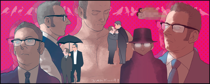 2boys adjusting_clothes adjusting_necktie black_hair black_suit blue_eyes brown_hair censored chest_hair closed_eyes formal_clothes full_body glasses grey_hair hair_slicked_back harold_finch_(person_of_interest) holding holding_umbrella implied_sex implied_yaoi john_reese_(person_of_interest) light_smile male_focus mature_male mosaic_censoring multiple_boys multiple_views necktie person_of_interest pink_background profile rectangular_eyewear shared_umbrella short_hair sideburns sleeping suit tabomi topless_male translation_request umbrella upper_body