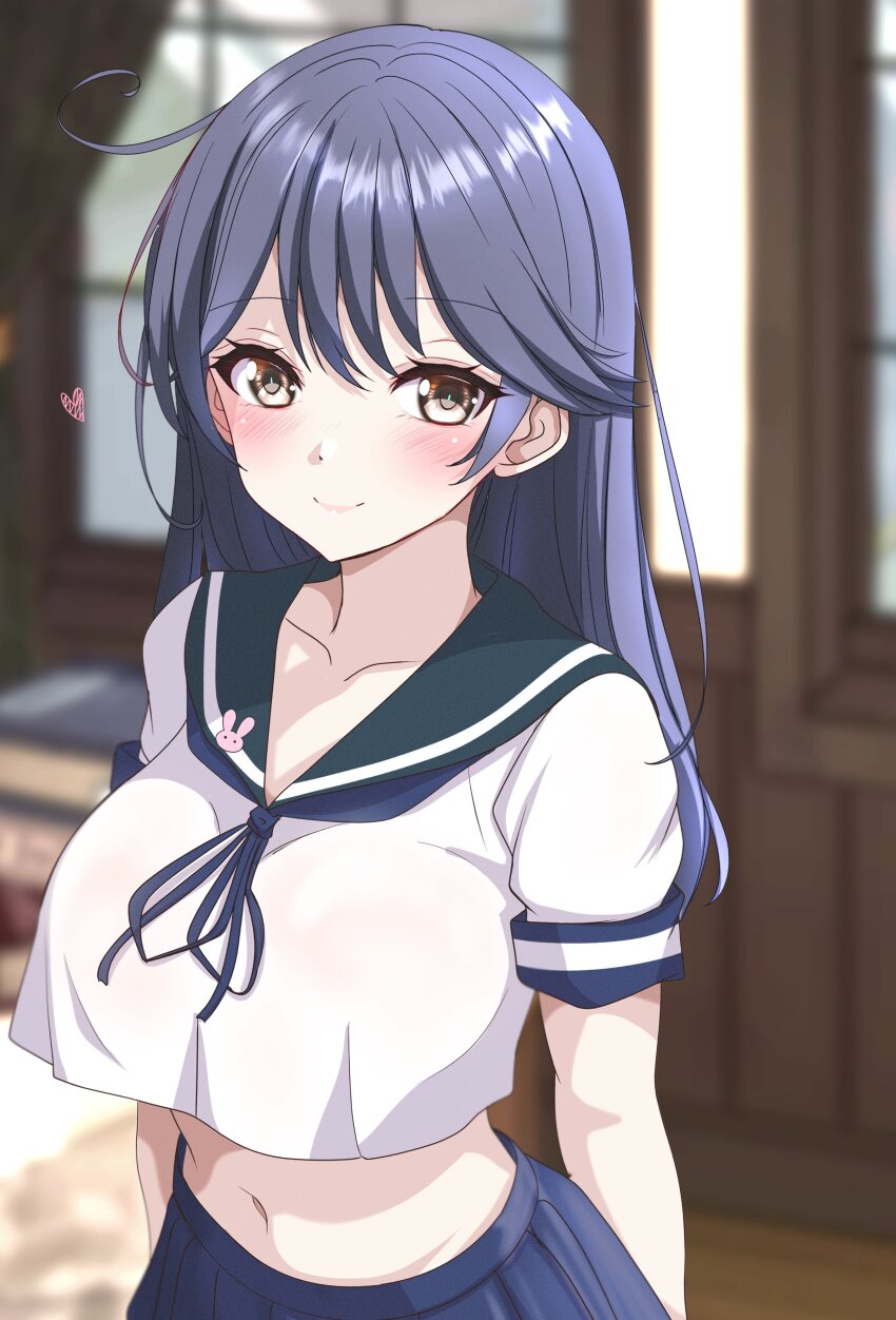 1girl absurdres black_sailor_collar blue_hair blue_skirt blurry blurry_background blush breasts brown_eyes closed_mouth collarbone commentary crop_top crop_top_overhang cropped_shirt curtains heart highres indoors kantai_collection large_breasts light_smile long_hair looking_at_viewer navel neck_ribbon nitamako_(sakamalh) pleated_skirt rabbit_pin ribbon sailor_collar shirt short_sleeves skirt solo swept_bangs ushio_(kancolle) white_shirt window