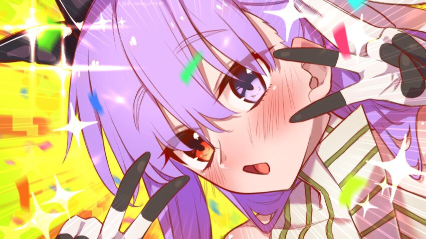 1girl bare_shoulders blush breasts confetti double_v dress elbow_gloves emotional_engine_-_full_drive fate/extra fate/extra_ccc fate/extra_ccc_fox_tail fate/grand_order fate_(series) flower giant giantess gloves hair_flower hair_ornament hair_ribbon heterochromia highres horns kingprotea_(fate) kingprotea_(third_ascension)_(fate) long_hair looking_at_viewer mitsurugi_sugar open_mouth orange_eyes purple_eyes purple_hair ribbon small_breasts sparkle striped_clothes striped_dress striped_gloves v very_long_hair white_dress white_gloves white_ribbon
