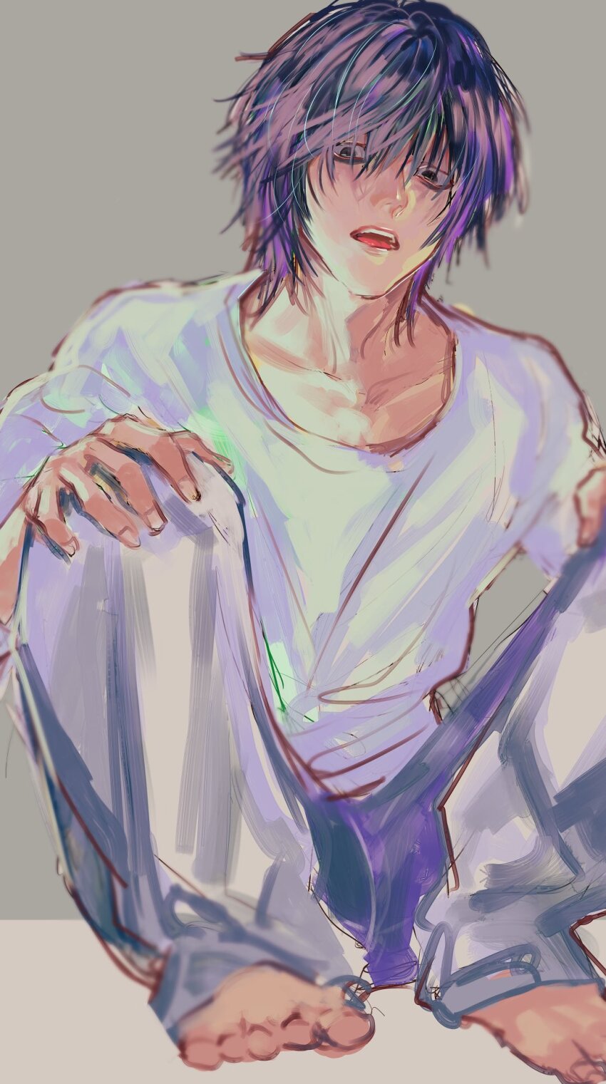 1boy bags_under_eyes barefoot black_eyes black_hair commentary death_note grey_background grey_pants hair_between_eyes hands_on_own_knees highres l_(death_note) male_focus messy_hair no_eyebrows open_mouth pan2ca pants shirt short_hair sitting sketch solo symbol-only_commentary white_shirt