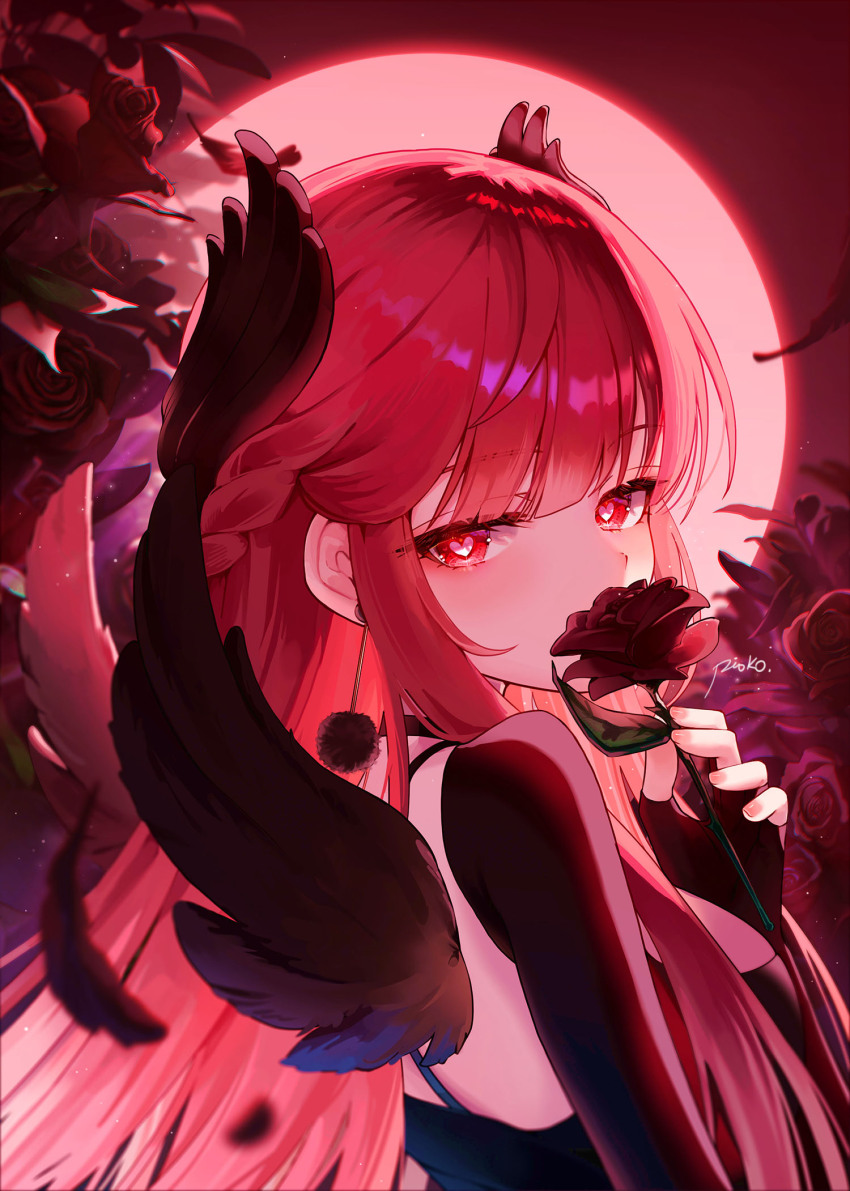 1girl black_choker black_dress blunt_bangs blush breasts choker chromatic_aberration commentary_request copyright_request dress feathered_wings flower full_moon heart heart-shaped_pupils heart_in_eye highres holding holding_flower long_hair looking_at_viewer looking_back minimallow mixed-language_commentary moon nail_polish night pink_nails pioko red_eyes red_flower red_hair red_moon red_rose rose signature sky solo symbol-shaped_pupils symbol_in_eye thorns upper_body virtual_youtuber wings