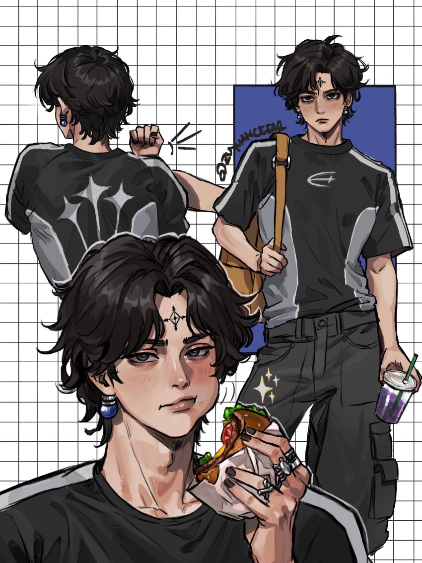 1boy absurdres backpack bag black_eyes black_hair black_nails black_pants black_shirt burger chrollo_lucilfer cross-body_stretch cross_tattoo cup disposable_cup drinking_straw earrings eating food forehead_tattoo highres holding holding_burger holding_cup holding_food hunter_x_hunter jewelry looking_at_viewer male_focus multiple_views pants ring shirt short_hair tattoo zu_yuan_cesar