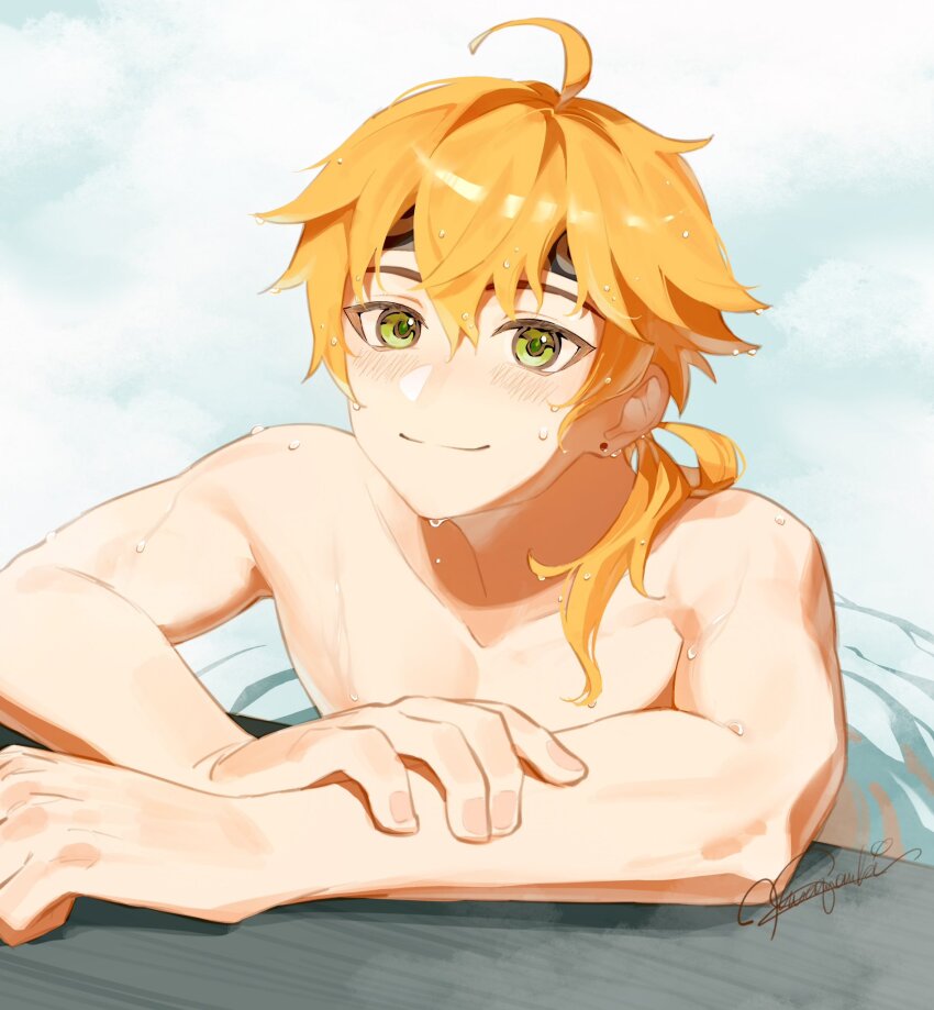 1boy blonde_hair blush closed_mouth commentary_request genshin_impact headband highres looking_at_viewer male_focus onsen pectoral_cleavage pectorals ponytail ripples shokun_2 signature smile steam thoma_(genshin_impact) toned toned_male topless_male upper_body water wet