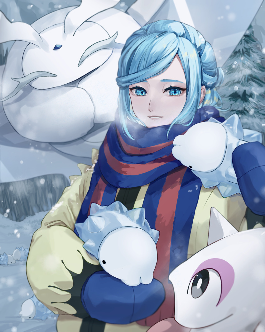 1boy blue_hair blue_mittens blue_scarf breath cetoddle commentary day evolutionary_line frosmoth gen_8_pokemon grusha_(pokemon) hand_up highres holding holding_pokemon jacket long_sleeves looking_at_viewer male_focus mittens nintendo on_shoulder outdoors parted_lips pokemon pokemon_(creature) pokemon_on_shoulder pokemon_sv scarf smile snom snowing striped_clothes striped_scarf subaru_(su_baru) tree yellow_jacket