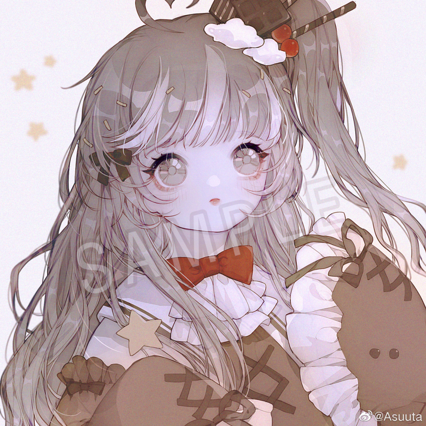 antenna_hair ascot asuuta bare_shoulders blunt_bangs bow bowtie brown_bow brown_eyes brown_hair brown_ribbon brown_shirt chinese_commentary chocolate chocolate_hair_ornament cinnamon_stick clothing_cutout cloud_hair_ornament commentary_request commission cross-laced_clothes cross-laced_sleeves expressionless eyelashes food-themed_hair_ornament frilled_sleeves frills grey_background hair_ornament heart_antenna_hair highres juliet_sleeves light_blush lipstick long_hair long_sleeves looking_ahead makeup multicolored_hair one_side_up original parted_lips pink_lips puffy_sleeves red_bow red_bowtie ribbon sailor_collar sample_watermark shirt shoulder_cutout sidelocks simple_background sleeve_bow sleeve_ribbon sleeves_past_fingers sleeves_past_wrists star_(symbol) streaked_hair tareme traditional_bowtie very_long_hair watermark weibo_watermark white_ascot white_hair white_sailor_collar wide_sleeves