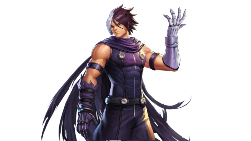 1boy abs asymmetrical_gloves black_hair closed_mouth facial_scar gloves highres looking_at_viewer male_focus metal_gloves mismatched_gloves multicolored_hair muscular muscular_male nameless_(kof) official_art scar scar_across_eye scar_on_cheek scar_on_face snk solo split-color_hair the_king_of_fighters the_king_of_fighters_2002 the_king_of_fighters_all-stars two-tone_hair veins veiny_arms white_hair