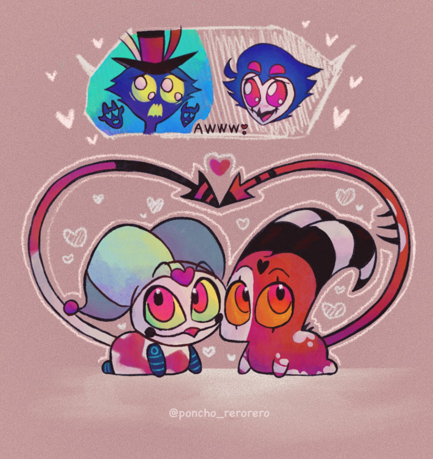 4boys asmodeus_(helluva_boss) bird bird_boy blitzo_(helluva_boss) demon_boy demon_horns demon_tail extra_eyes fizzarolli_(helluva_boss) green_eyes grey_feathers helluva_boss highres horns multiple_boys owl owl_boy red_eyes rzps3455 sitting stolas_(helluva_boss) tail