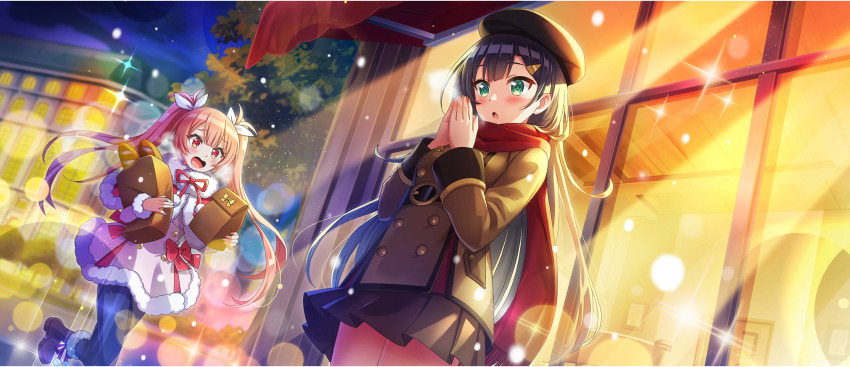 2girls black_hair black_skirt blue_pants breasts brown_jacket dress erika_(konosuba) game_cg green_eyes hair_ornament hair_ribbon hairclip highres jacket kono_subarashii_sekai_ni_shukufuku_wo! konosuba!_fantastic_days lia_(konosuba) long_hair medium_breasts miniskirt multiple_girls official_art pants pink_dress pink_hair pleated_skirt red_eyes red_scarf ribbon scarf skirt white_ribbon