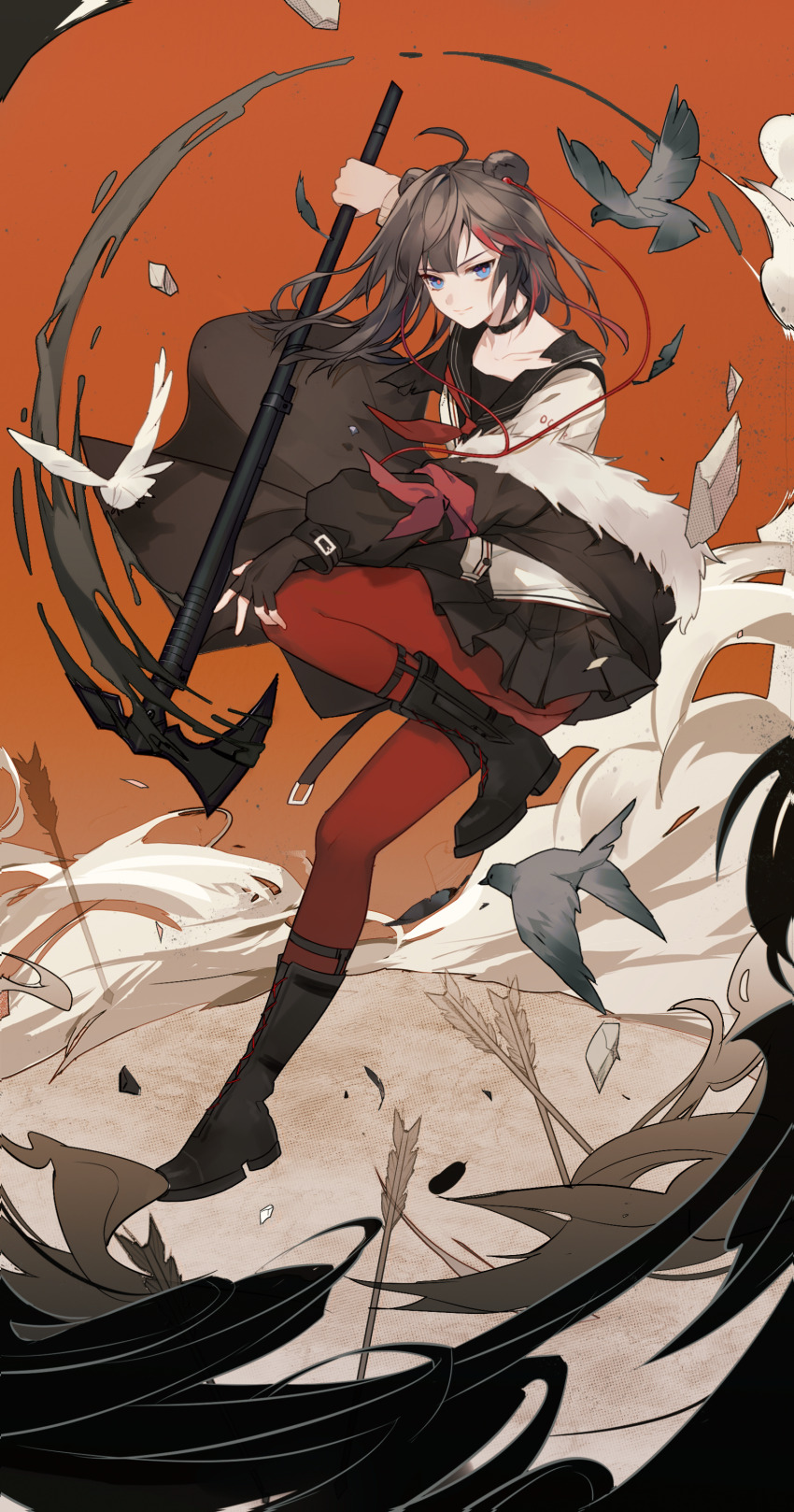 1girl absurdres animal_ears arknights axe bear_ears bird black_boots black_choker black_jacket black_sailor_collar black_shirt black_skirt blue_eyes boots brown_hair choker earbuds earphones full_body fur-trimmed_jacket fur_trim hair_between_eyes highres holding holding_axe holding_weapon jacket kelme long_hair long_sleeves looking_at_viewer miniskirt multicolored_hair neckerchief off_shoulder open_clothes open_jacket pantyhose pleated_skirt red_hair red_neckerchief red_pantyhose sailor_collar school_uniform serafuku shirt shoes skirt socks solo streaked_hair weapon zima_(arknights)