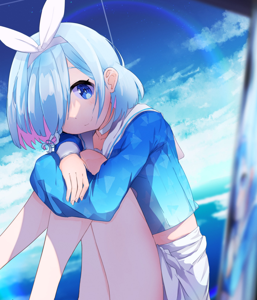 1girl arona_(blue_archive) bare_legs blue_archive blue_eyes blue_hair blue_shirt blurry blurry_foreground bow_hairband braid colored_inner_hair dawn gradient_sky hair_over_one_eye hairband highres long_sleeves looking_at_viewer multicolored_hair outdoors pink_hair rainbow rakugakijunkie sailor_collar shirt side_braid single_braid sitting skirt sky smile solo star_(sky) starry_sky two-tone_hair webp-to-png_conversion white_hairband white_sailor_collar white_skirt
