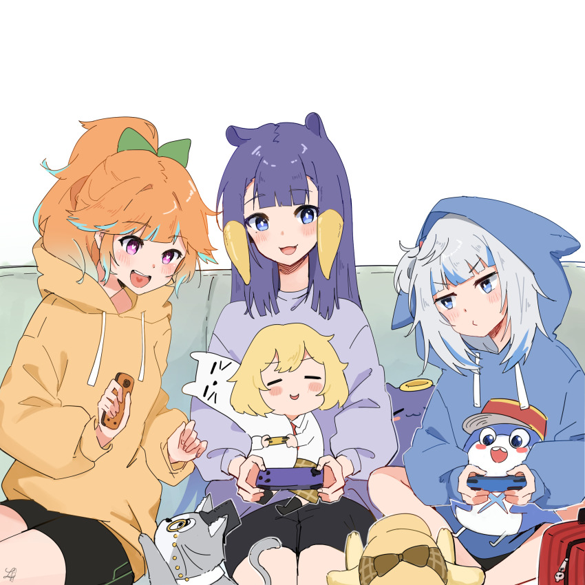 absurdres alternate_costume aqua_hair black_pants bloop_(gawr_gura) blue_eyes blue_hair blue_skirt blunt_bangs blush bow bubba_(watson_amelia) couch gawr_gura hair_bow heart heart-shaped_pupils highres hololive hololive_english hood hoodie long_hair long_sleeves lucferz mascot multicolored_hair ninomae_ina&#039;nis nintendo_switch orange_hair orange_shirt pants ponytail purple_hair shirt short_hair shorts sidelocks skirt smol_ame symbol-shaped_pupils tagme takanashi_kiara takodachi_(ninomae_ina&#039;nis) two-tone_hair virtual_youtuber watson_amelia white_background white_hair