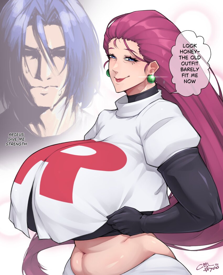 1boy 1girl absurdres ball_earrings black_gloves blue_eyes blue_hair breasts coolpsyco creatures_(company) crop_top cropped_legs elbow_gloves game_freak gigantic_breasts gloves hair_slicked_back half-closed_eyes highres james_(pokemon) jessie_(pokemon) long_hair midriff nintendo pokemon pokemon_(anime) pokemon_(classic_anime) red_hair smile team_rocket team_rocket_uniform