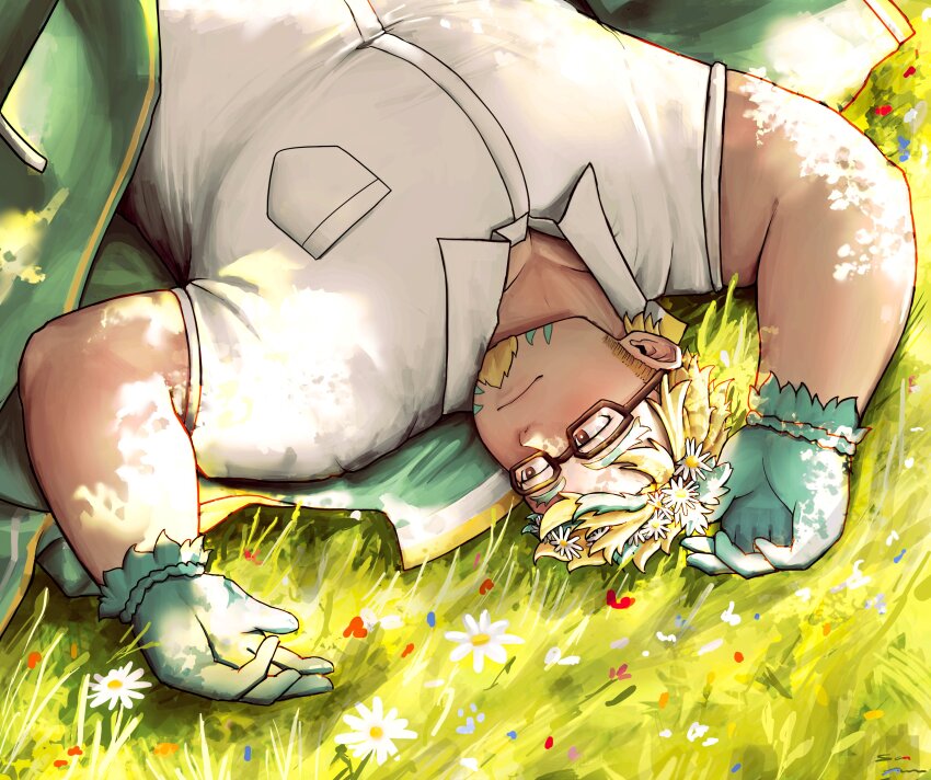1boy absurdres bara day facial_hair fat fat_man flower from_above glasses gloves goatee grass green_hair hair_flower hair_ornament half-closed_eyes highres hippolytus_(housamo) jacket lying male_focus multicolored_hair muscular muscular_male on_back open_clothes open_jacket pectorals sanmarugaru short_hair sideburns_stubble solo streaked_hair stubble sunlight thick_eyebrows tokyo_houkago_summoners two-tone_beard upper_body