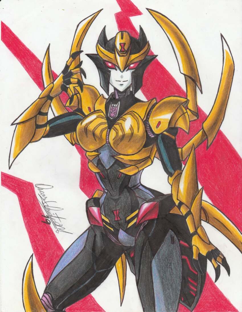 1girl 2019 arthropod_limbs blackarachnia breasts colored_skin curvy decepticon highres humanoid_robot medium_breasts ravernclouk_design red_eyes robot smile traditional_media transformers
