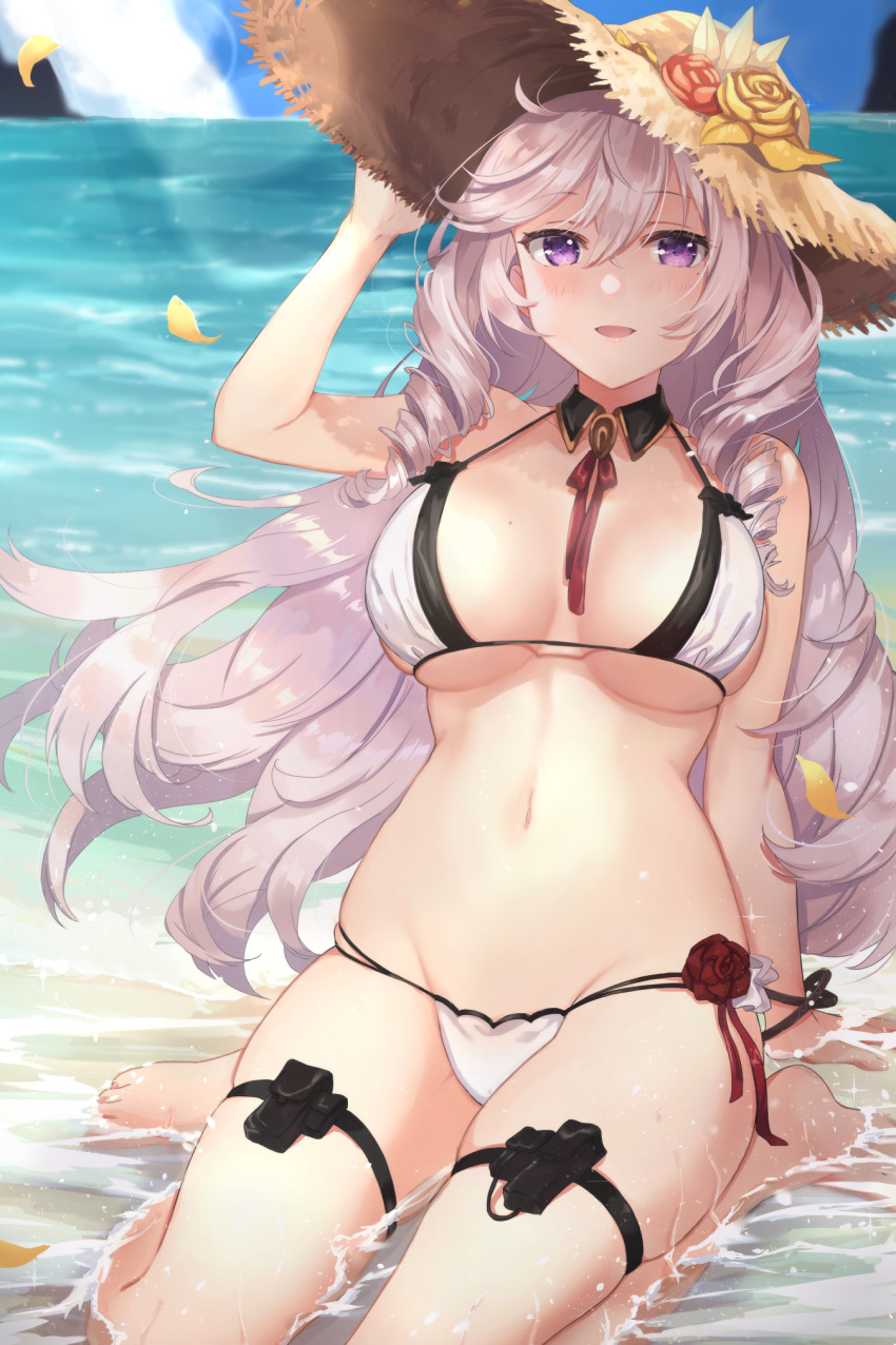 1girl algerie_(azur_lane) algerie_(white_sand_paradise)_(azur_lane) azur_lane bare_shoulders bikini blue_sky blush breasts cleavage cloud day female_focus flower hat hat_flower highres in_water kon_(k0n16) large_breasts long_hair looking_at_viewer mole mole_on_breast mole_under_eye multicolored_bikini navel neck_ribbon ocean open_mouth outdoors purple_eyes red_flower red_rose ribbon rose silver_hair sitting sky smile solo straw_hat swimsuit two-tone_bikini water white_bikini yellow_flower yellow_rose