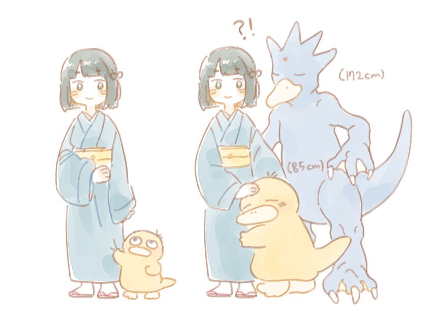 !? 1girl black_hair blue_kimono blunt_bangs blunt_ends blush closed_eyes closed_mouth commentary_request crossover evolutionary_line flower_knot full_body gen_1_pokemon golduck green_eyes headpat height japanese_clothes kimono kimono_tug korean_commentary link!_like!_love_live! long_sleeves love_live! momose_ginko momose_ginko_(summer_casual) multiple_views nintendo obi official_alternate_costume pokemon pokemon_(creature) potatori9 psyduck sash short_hair simple_background smile standing u_u virtual_youtuber white_background yellow_sash