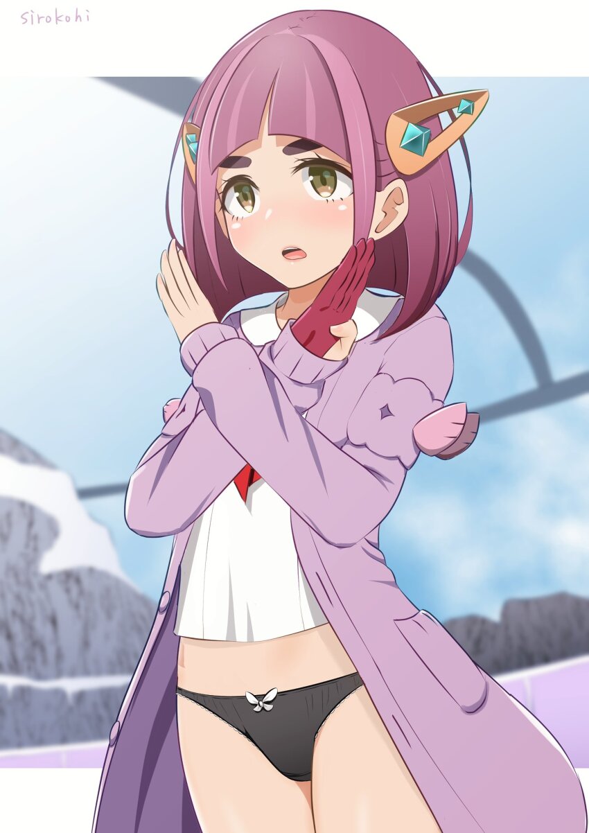 1girl arched_bangs artist_name black_panties blue_sky blunt_ends blurry blurry_background bow bow_panties brown_eyes cardigan collared_shirt cowboy_shot crotch_seam day depth_of_field eyelashes gloves hair_ornament highres hill it&#039;s_just_not_right! lacey_(pokemon) light_blush long_hair long_sleeves neckerchief nintendo no_pants open_cardigan open_clothes open_mouth outdoors outside_border panties partially_fingerless_gloves picot_trim_panties pillarboxed pink_cardigan pink_hair pocket pokemon pokemon_sv red_gloves red_neckerchief shirt single_glove sirokohi sky snow solo standing teeth thick_eyebrows underwear upper_teeth_only variant_set white_shirt x_arms