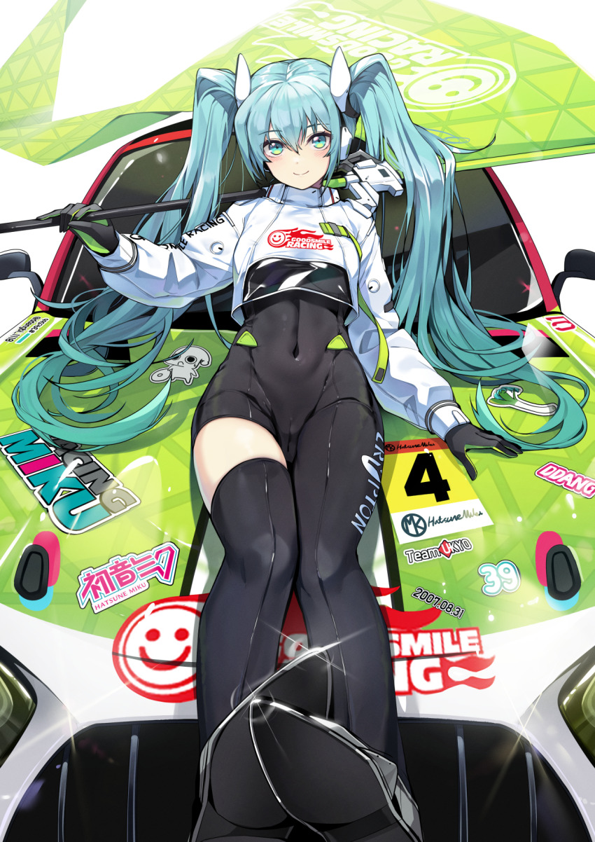 1girl aqua_eyes aqua_hair asymmetrical_bodysuit black_bodysuit black_boots bodysuit boots car closed_mouth covered_navel cropped_jacket ddangbi flag flagpole flame_print gloves goodsmile_company goodsmile_racing green_flag green_gloves hatsune_miku highres holding holding_flag holding_pole jacket leaning_against_vehicle long_hair long_sleeves looking_at_viewer motor_vehicle on_car pole puffy_long_sleeves puffy_sleeves race_queen race_vehicle racecar racing_miku racing_miku_(2022) simple_background single_leg_bodysuit single_thigh_boot smile smiley_face solo super_gt text_print thigh_boots twintails two-tone_gloves vocaloid white_background white_jacket