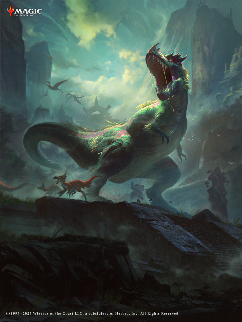 absurdres animal_focus blue_sky cloud cloudy_sky commentary company_name copyright_name copyright_notice day dinosaur drooling english_commentary from_below ghalta_(magic:_the_gathering) glowing glowing_eye highres joshua_raphael magic:_the_gathering monster no_humans official_art open_mouth outdoors pterosaur raptor realistic rubble sharp_teeth sky stairs tail teeth