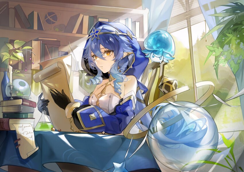 1girl bare_shoulders black_gloves blue_hair blue_hood blue_sleeves book book_stack bookshelf candle candlestand chair commentary_request detached_sleeves drill_hair drill_sidelocks erlenmeyer_flask fire flask fungi_(genshin_impact) genshin_impact gloves gold_choker hair_between_eyes highres holding holding_paper hood hood_up indoors jewelry layla_(genshin_impact) leaf neck_ring orb paper parted_lips pointy_ears puffy_sleeves reading sidelocks sitting solo tablecloth twin_drills window window_blinds wrist_cuffs yellow_eyes zhishi_yuyuanqiu