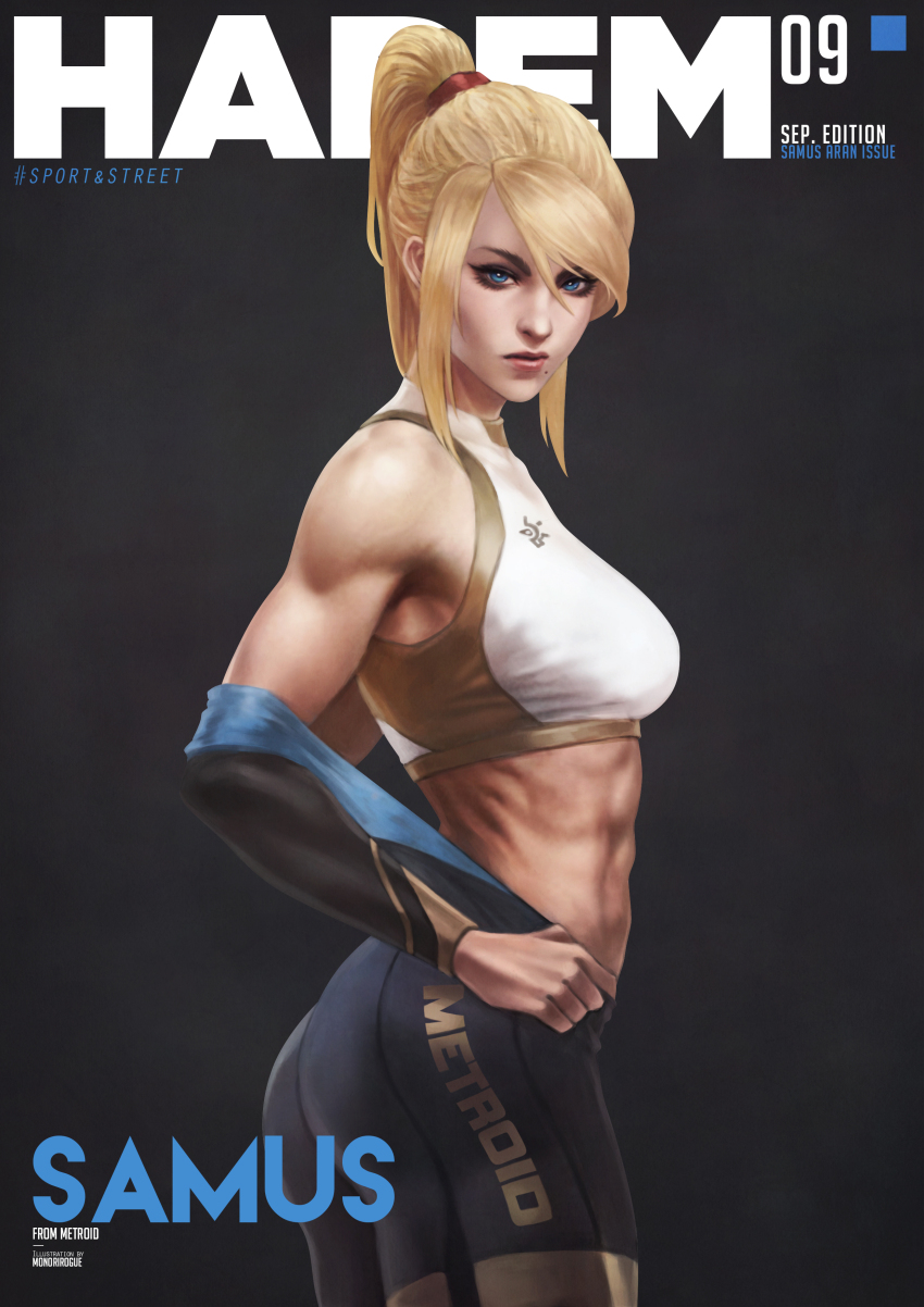 1girl abs absurdres artist_name blonde_hair blue_eyes breasts character_name commentary copyright_name english_commentary highres long_hair metroid mole mole_under_mouth monori_rogue nintendo ponytail samus_aran september solo