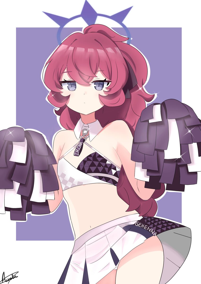 1girl absurdres alternate_costume aurelia88 blue_archive border cheerleader crop_top highres holding holding_pom_poms iroha_(blue_archive) loli navel pink_hair pom_pom_(cheerleading) pom_poms ponytail purple_background purple_eyes skirt solo white_border white_skirt