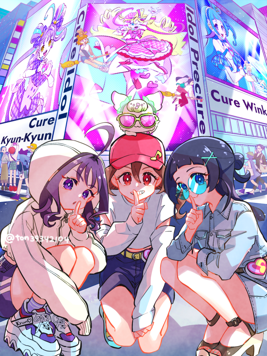 6+girls :o ahoge alien alternate_hairstyle aokaze_nana arm_cutout arms_up baseball_cap belt black_jacket black_pants black_shoes blue-tinted_eyewear blue_dress blue_eyes blue_hair blue_shorts braid broom broom_riding brown_hair building camera casual character_name closed_mouth commentary cropped_jacket crosswalk cure_idol cure_kyunkyun cure_wink davi_(dokidoki!_precure) day denim denim_dress denim_skirt dokidoki!_precure double_vertical_stripe dress eighth_note english_commentary eyewon_(precure) finger_to_mouth flying formal_clothes futari_wa_precure_splash_star glasses grin hair_bun hair_ornament hat high_heels highres hisui_(precure) holding holding_camera hood hood_up hooded_jacket hug hug_from_behind idol_heart_brooch in-franchise_crossover index_finger_raised izayoi_liko jacket kenzaki_makoto kimi_to_idol_precure kiryuu_kaoru kiryuu_michiru kneeling long_hair long_skirt long_sleeves looking_at_another looking_at_viewer looking_back low_twin_braids mahou_girls_precure! mahou_girls_precure!!_mirai_days medium_hair midriff miniskirt multiple_girls musical_note open-toe_shoes outdoors pant_suit pants ponytail precure purirun_(precure) purple_eyes purple_hair purple_hat red_eyes red_hair red_hat road round_eyewear sakura_uta_(precure) shigure_kokoro shirt shoes short_dress short_hair shorts shushing single_hair_bun skirt smile sneakers squatting star_twinkle_precure street suit sunglasses taking_picture tinted_eyewear ton_(ton39342104) twin_braids twitter_username walking white_jacket white_shirt white_shoes x_hair_ornament yellow_belt yellow_hat yuni_(precure)