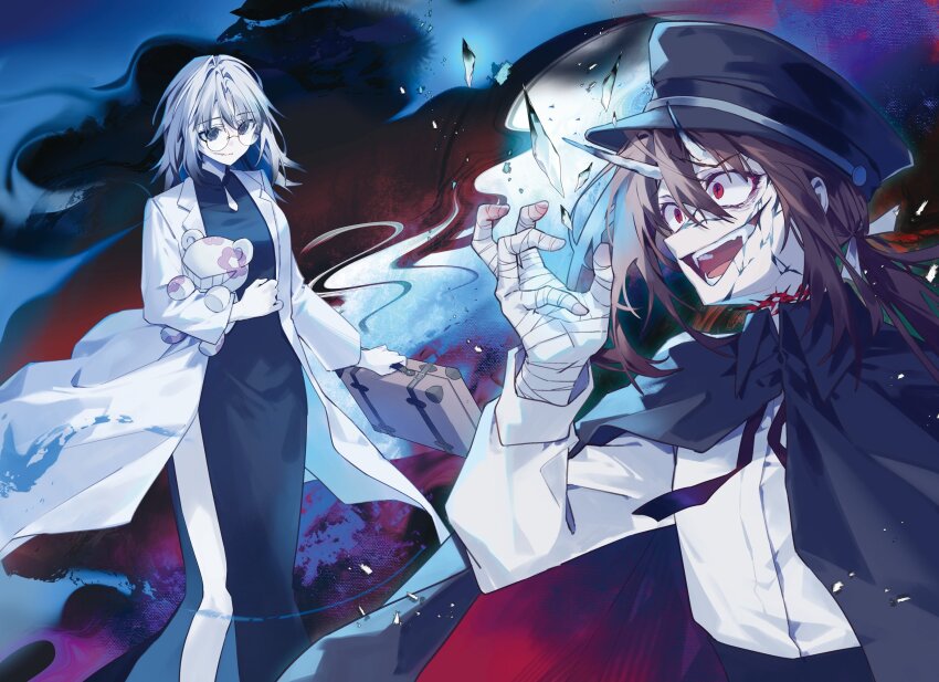 2girls bandaged_hand bandages black_dress blue_eyes brown_hair cashari_(gokumon_nadeshiko) closed_mouth coat commentary_request drasna_ji dress gokumon_nadeshiko_koko_ni_ari hair_ribbon highres horns lab_coat multiple_girls open_clothes open_coat open_mouth oshioshio red_eyes ribbon round_eyewear second-party_source shirt side_slit single_horn stuffed_animal stuffed_toy white_coat white_hair white_ribbon white_shirt
